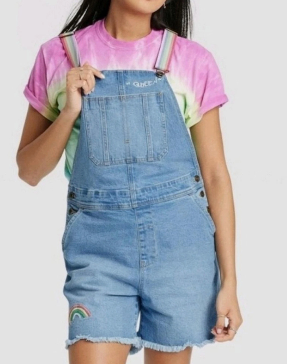 TARGET #TAKEPRIDE PRIDE RAINBOW QUEEN DENIM OVERALLS JEANS SHORTALLS SHORTS SZ S
